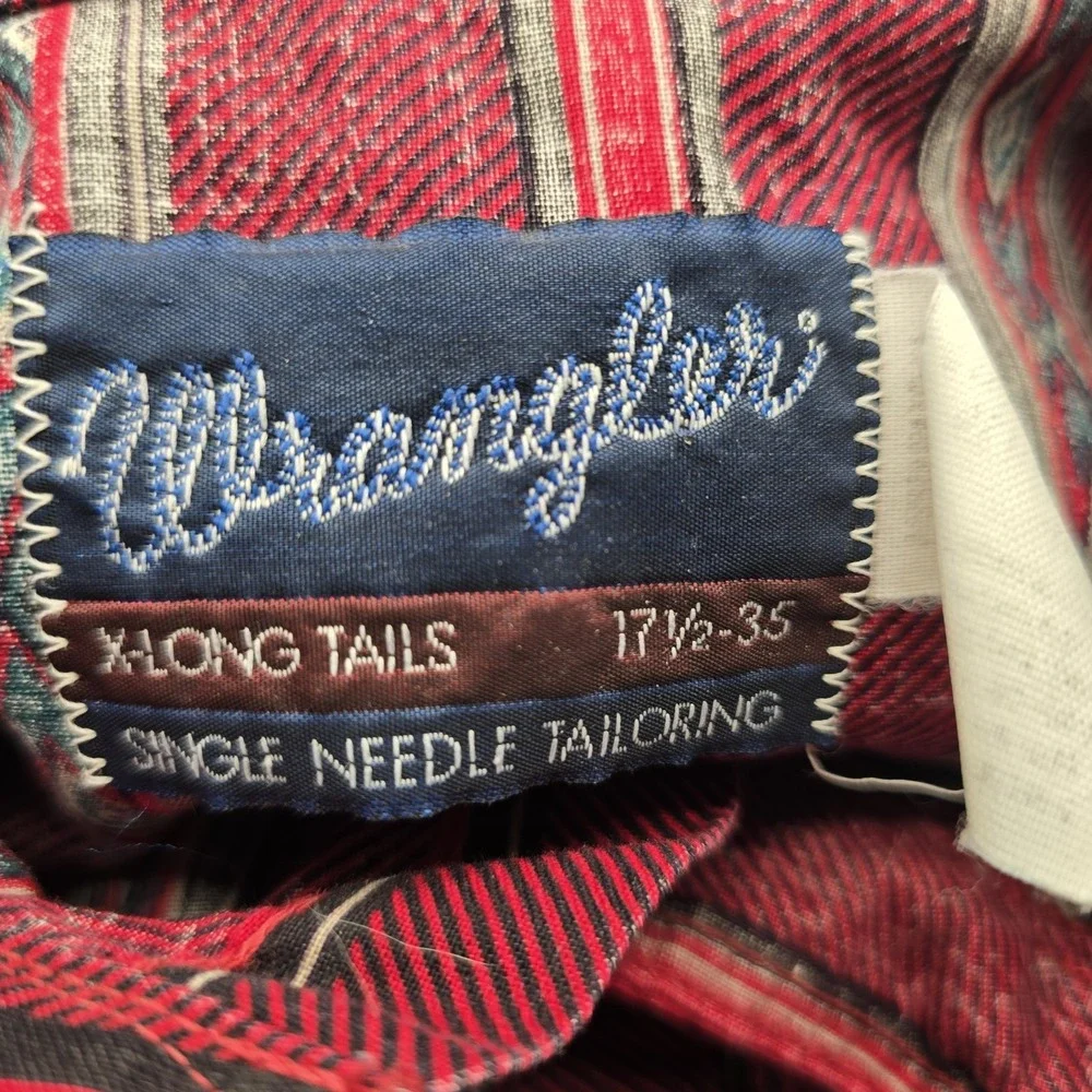 VTG Wrangler Shirt Mens XL Red Aztec Tribal X Long Tail Western Cowboy 17 1/2 35